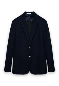 Marineblauer Blazer aus weichem Stoff, mit Reverskragen, einreihigem Design, zwei Vordertaschen und goldfarbenen Knopfakzenten.