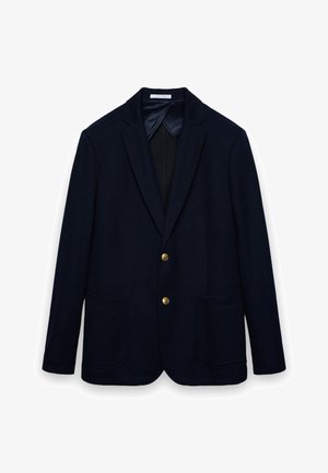 Navy blazer made of soft fabric, featuring a notched lapel, single-breasted design, two front pockets, and gold button accents.