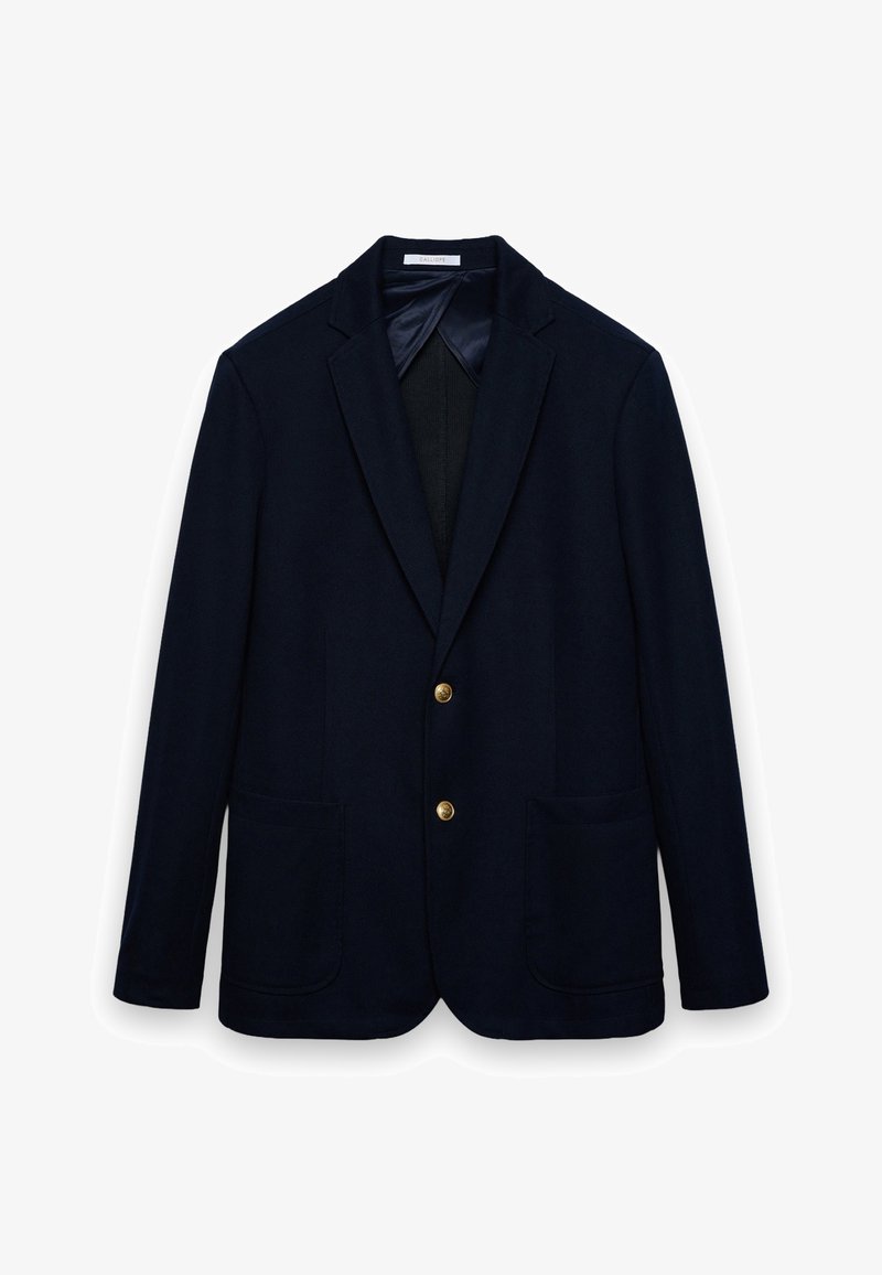 Marineblauer Blazer aus weichem Stoff, mit Reverskragen, einreihigem Design, zwei Vordertaschen und goldfarbenen Knopfakzenten.
