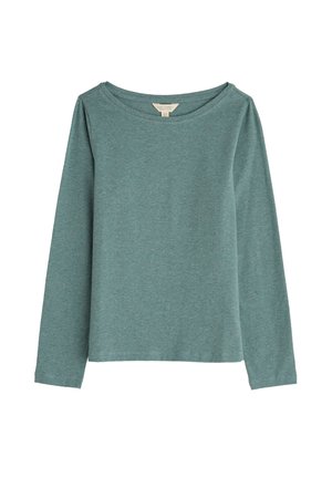 Maglietta a maniche lunghe realizzata in un morbido tessuto testurizzato di un colore teal attenuato. Presenta un ampio scollo e una vestibilità rilassata, leggermente ampia.