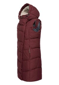 Maroon bezrukavni puffa prsluk s kapuljačom, s kvadratnim dizajnom, umjetnim krznom unutrašnjosti i uzorkastim unutarnjim materijalom. Prednji zip i bočni džepovi.