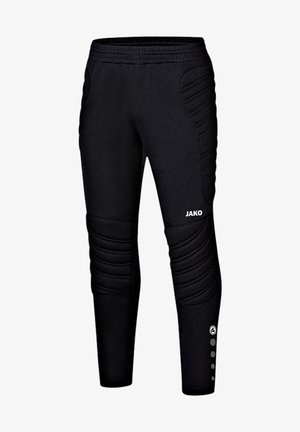 Schwarze Sporthose mit figurbetontem Design, strukturierten Rippenakzenten an den Oberschenkeln, elastischem Bund und kleinem Logo-Detail an der unteren Beinvorderseite.