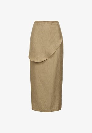 Světlohnědá midi sukně z texturované látky s asymetrickým zavinovacím detailem vpředu.