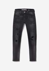 Jean en denim noir skinny avec des détails usés, coupe ajustée, design à cinq poches, et une taille avec logo. Texture lisse, coupe moderne.
