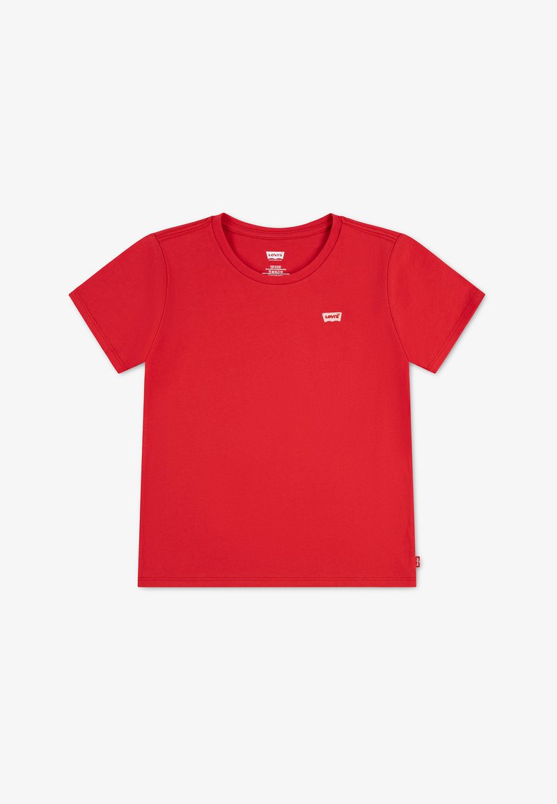 T-shirt Levi's rouge à manches courtes, col rond et petite étiquette blanche avec logo sur la poitrine gauche, sur fond blanc.