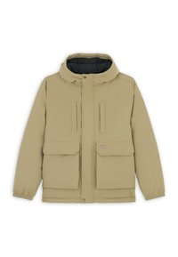 Beige lättviktsjacka med huva, zippered front, två stora framfickor, elastiska manchetter och ett foder för värme.