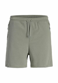 Shorts de sport vert clair avec une taille élastique, un cordon de serrage ajustable, des poches latérales et un tissu lisse et texturé.