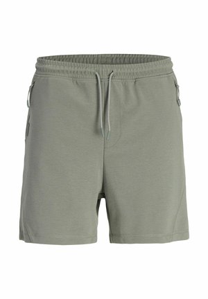 Shorts de sport vert clair avec une taille élastique, un cordon de serrage ajustable, des poches latérales et un tissu lisse et texturé.