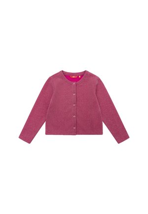 Fuchsia cardigan met lange mouwen, ronde hals, sluiting met knopen aan de voorkant, gemaakt van glinsterend breimateriaal, met een effen kleur ontwerp.