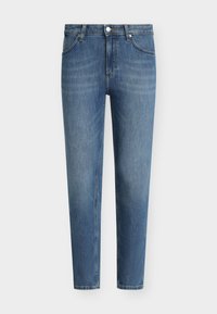 Svetlomodré džínsy z denimu so strihom s rovnými nohavicami, štýlom s piatimi vreckami, pútkami na opasok a zapínaním na jeden gombík v páse.