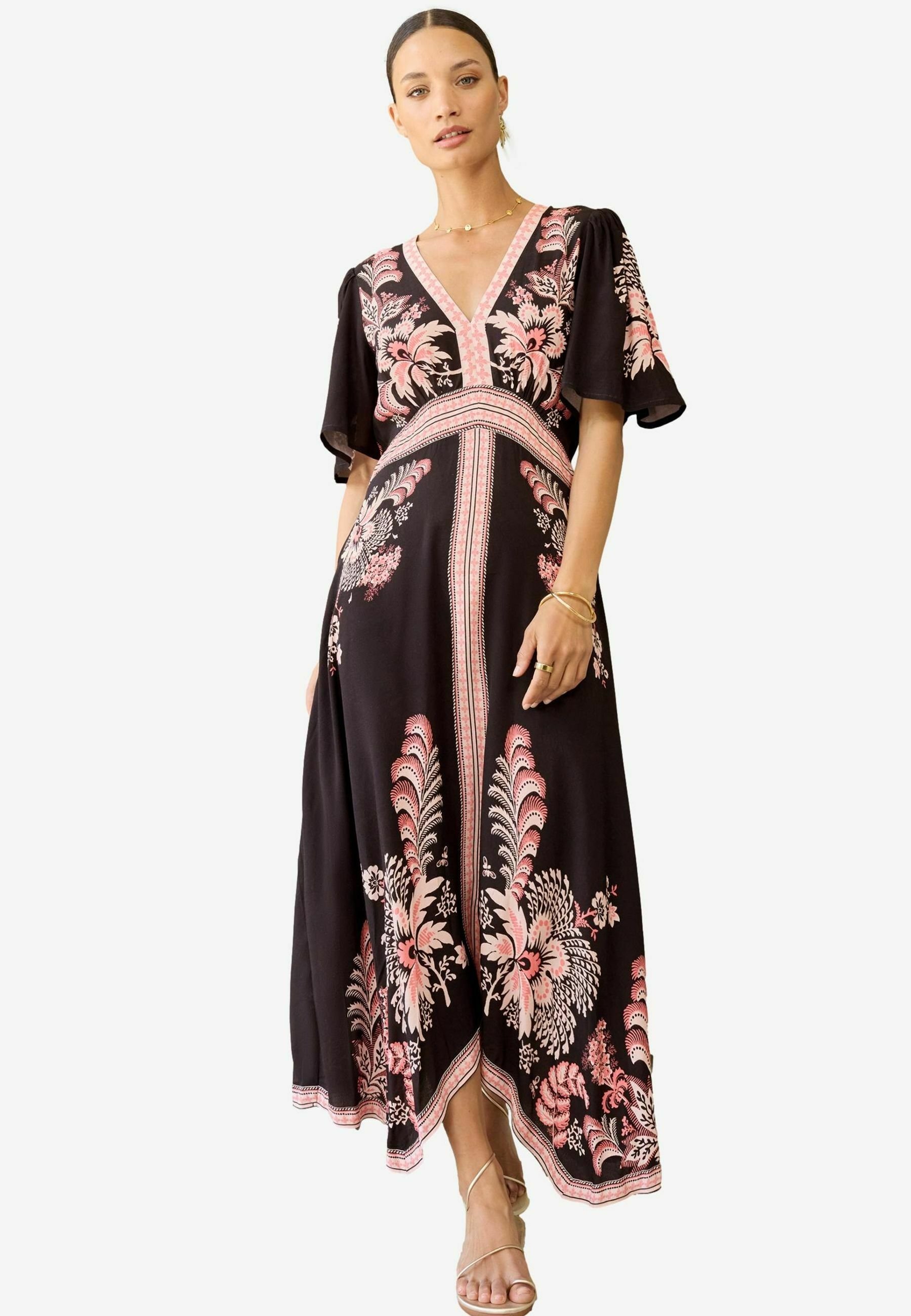 strapless open back dress Black Rose Printed Wrap Midi Dress  AX Paris