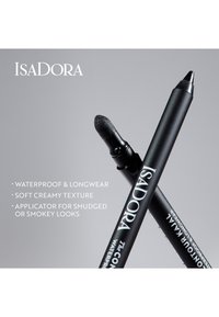 Deux crayons kajal contour IsaDora noirs croisés, l'un montrant une pointe estompeuse et l'autre une pointe eyeliner effilée.