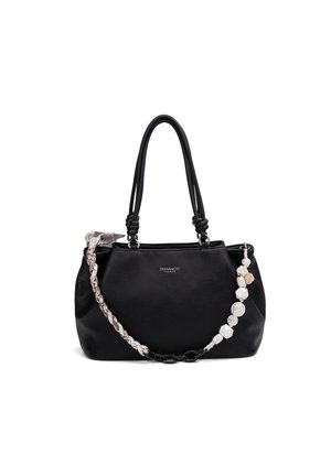 Sac à main en cuir noir avec double poignée, orné d'un accessoire en tissu tressé et perles, et logo « Diana&Co Firenze » à l'avant.