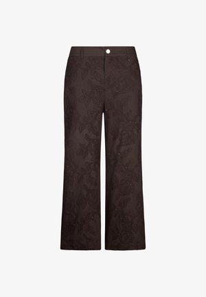 Brązowe spodnie o szerokich nogawkach z kwiatowym haftem i drobnymi cekinami, wyposażone w szlufki na pasek, przedni guzik i zamek błyskawiczny.