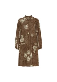 Brun langærmet kjole med knaplukning og blomstermønster i creme. Har en afslappet pasform og flæsedetalje i skørtet.
