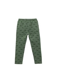 Leggings verdes fabricados en suave algodón, con un patrón repetido de siluetas de teckel negras sobre la tela. Cintura elástica.