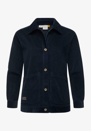 Navy corduroy jacket with a collared neckline, button front, two front pockets, and decorative stitching detail near the hem.