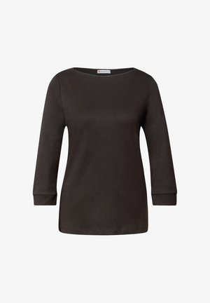 Camisa de manga larga color marrón oscuro con un escote amplio y redondo y puños ajustados, exhibida sobre un fondo blanco.