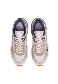 Sport shoes with a light pink and gray suede upper, beige accents, cream rubber sole, and a navy blue interior featuring branded detailing.