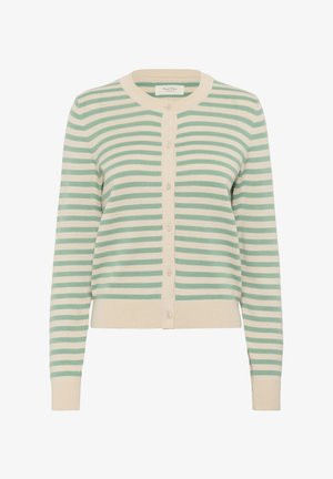 Letvægtig, ribbet cardigan med horisontale striber i mintgrøn og creme, rund udskæring, frontknapper og tætsiddende manchetter og kant.