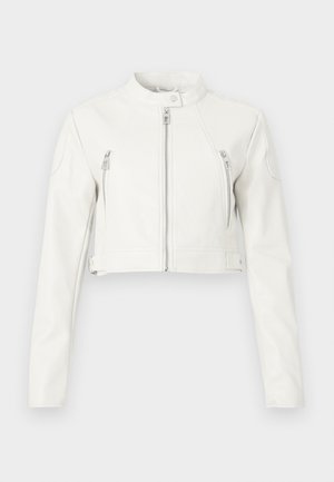 Veste cropped blanche en cuir lisse. Présente un col montant, des zips à l'avant et deux poches poitrine avec un design épuré.
