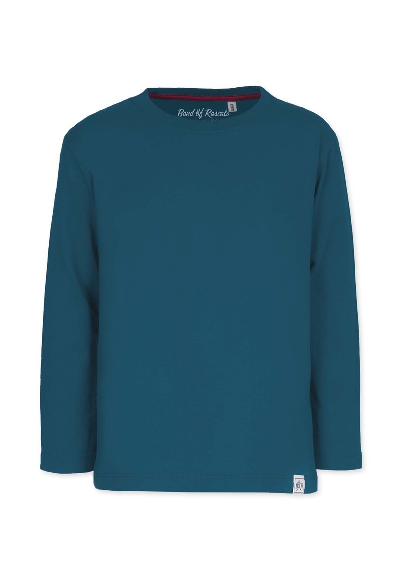 Langærmet T-shirt i dyb teal bomuld, rund halsudskæring, subtil rød kant ved halsen og lille logo detalje i kanten. Glat tekstur, strømlinet design.