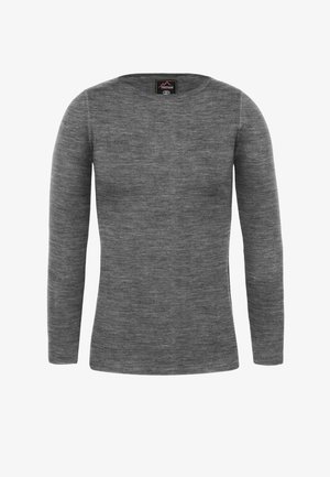 Grauer Pullover mit langen Ärmeln aus weichem Stoff mit glatter Textur, mit rundem Ausschnitt und ohne sichtbare Muster oder Akzente.