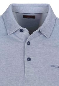 Polo shirt in lichtblauw, textuurstof, met een kraag, drie donkere knopen en een klein logo op de borst.