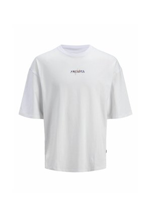 Weißes T-Shirt mit kurzen Ärmeln aus Baumwolle. Mit "Arcadia"-Text in Lila, geripptem Rundhalsausschnitt und einer entspannten, kastenförmigen Passform.