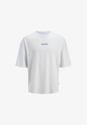 Weißes T-Shirt mit kurzen Ärmeln aus Baumwolle. Mit "Arcadia"-Text in Lila, geripptem Rundhalsausschnitt und einer entspannten, kastenförmigen Passform.