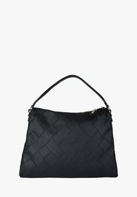 Borsa a mano in pelle intrecciata nera con forma strutturata, un manico superiore singolo e chiusura con zip. Il design testurizzato presenta un motivo a diamante.