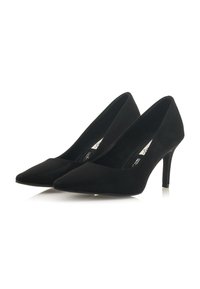Scarpe con tacco alto in suede nero con punta affusolata, tacco a stiletto sottile, texture liscia e design minimalista. Nessun hardware o decorazione visibili.