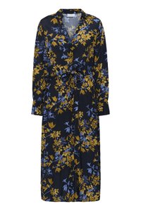 Floral dress with long sleeves, navy base, vibrant yellow and blue flowers, collared design, cinched waist tie for fit.