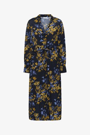 Long black dress with blue and yellow floral print, long sleeves, V-neck, and a waist tie belt.