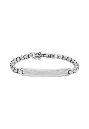 Silbernes Kettenarmband mit einer strukturierten rechteckigen Platte und rundem Verschluss auf weißem Hintergrund.