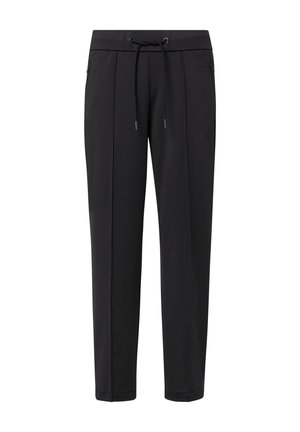 Zwarte sportieve broek met een trekkoord in de taille, rechte pasvorm, zijzakken en een gladde, lichte stoftextuur.