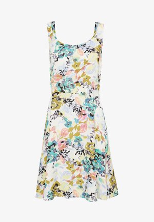 Beżowa sukienka bez rękawów do kolan z wielokolorowym wzorem kwiatowym w odcieniach turkusu, żółci, różu i czerni na białym tle.