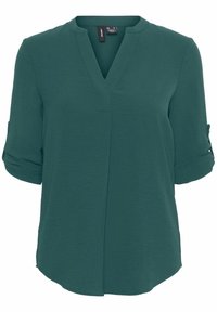 Grüne, leichte Bluse mit V-Ausschnitt und dreiviertel Ärmeln. Verfügt über umgeschlagene Manschetten und eine lockere Passform mit einem leicht abgerundeten Saum.