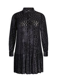 Czarna długa sukienka z długim rękawem, wzorem z koronki, zapięciem na guziki z przodu, kołnierzem i warstwowym dołem. Wykonana z błyszczącego, teksturowanego materiału.