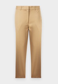 Pantaloni beige con una vestibilità dritta, realizzati in tessuto morbido. Presentano una chiusura con zip e passanti per cintura, senza motivi o accenti visibili.