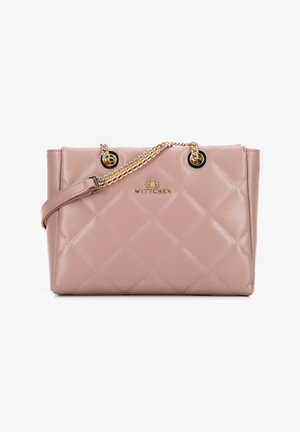 Prošívaná růžová syntetická kabelka se zlatým kováním, s řetízkem a popruhem, a logem na přední straně. Hladký povrch.