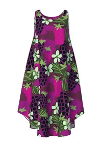 Lila ärmlös klänning med blommönster och fruktmönster med gröna blad, svarta druvor och vita blommor, tillverkad av lätt tyg.