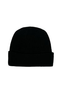 Beanie nera lavorata a maglia con risvolto, caratterizzata da una texture a coste e una corona senza cuciture. Materiale morbido per calore e comfort.