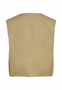 Beige ärmellose Weste mit einer geraden Rückennaht und einem klaren, schlichten Design.