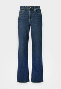 Lettere falmede mørkeblå denimjeans med høj talje, vide ben og klassisk fem-lomme design. Gule syninger som detaljer over det hele.