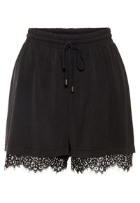 Shorts noirs avec une taille élastique et un cordon de serrage, dotés d'une dentelle au bas pour le détail et la texture. Conception décontractée pour le confort.