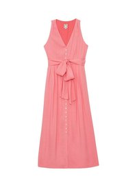 Robe maxi sans manches rose avec un décolleté en V, une ceinture à la taille et un devant à boutons. Fabriquée en tissu doux, elle présente une silhouette fluide.