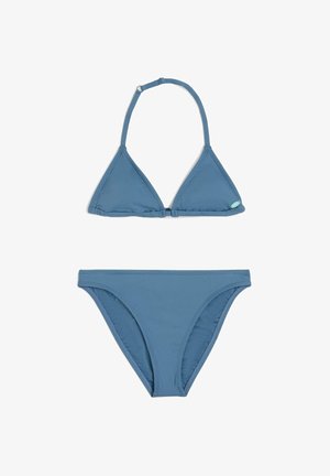 Modrý bikiny set se trojúhelníkovým topem s nastavitelnými ramínky a zapínáním, doplněný o odpovídající kalhotky s nízkým pasem. Hladká textura.