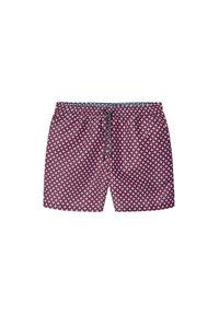 Burgunderfarbene Badeshorts mit einem weißen Sternenmuster, elastischem Bund und Kordelzug. Glattes Material mit lockerer Passform.