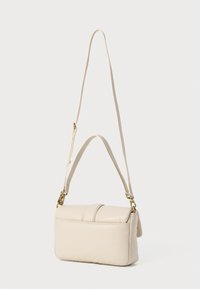 Beige leather shoulder bag with a smooth texture, rectangular shape, and a flat closure; features a removable shoulder strap and gold hardware.